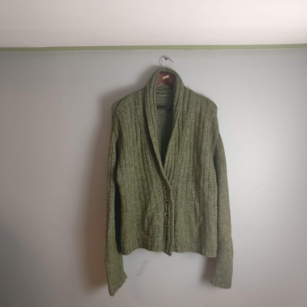 Shawl collar knitted Cardigan, Green Cardigan, Green sweater, S/M